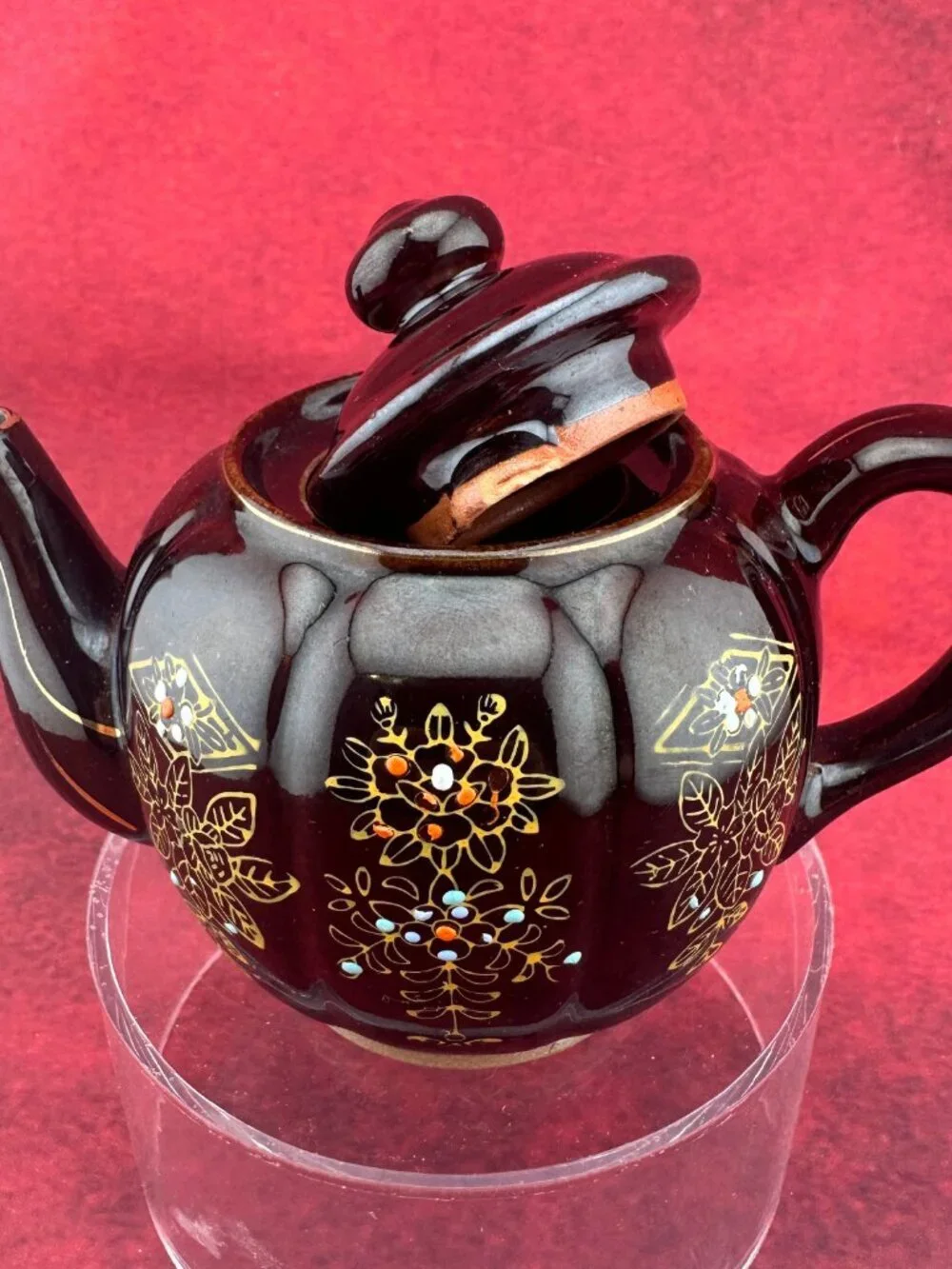 VINTAGE JAPANESE BROWN BETTY REDWARE  TEAPOT CERAMIC MORIAGE ENAMEL HAND PAINTED